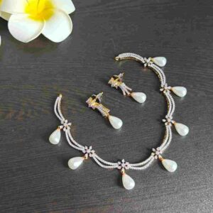 Diamond-Finish Pearl Drop Necklace & Earrings Set