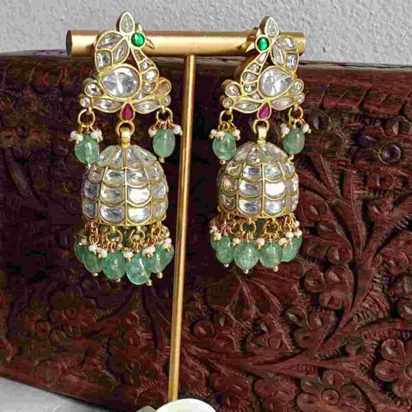 Peacock Monzonite Jadau Kundan Jhumkas with Green Pearls – Royal Bridal Statement Earrings