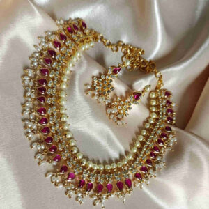 Kempu Guttapusalu Necklace Set | Authentic Telugu Bridal Jewelry with Earrings