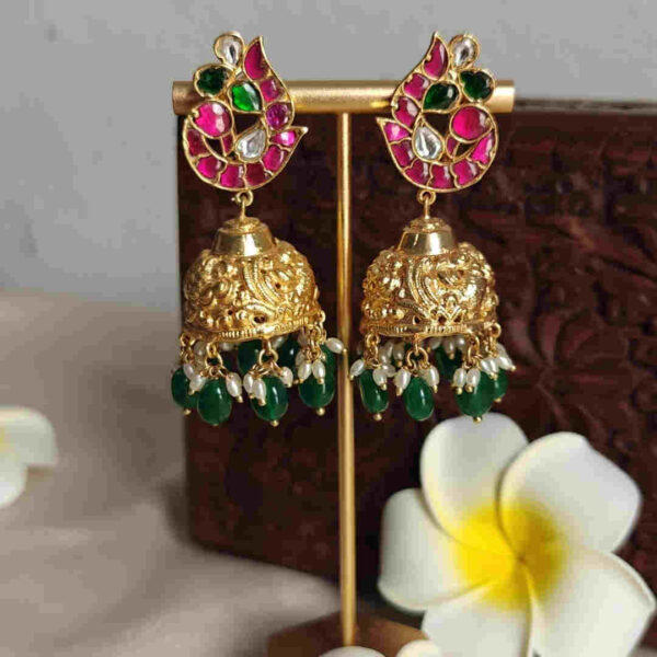 Peacock Nakshi Jadau Kundan Jhumkas – Handcrafted Bridal Earrings with Artisanal Engravings