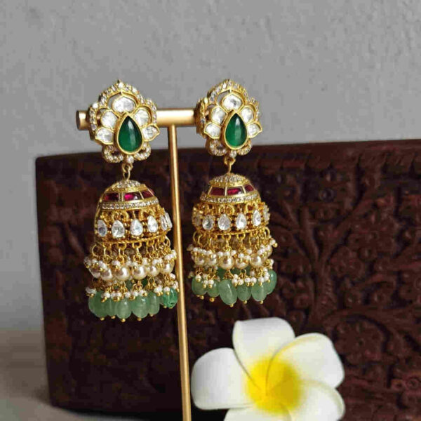 Luxury Jadau & Monzonite Jhumkas with Swarovski Pearls | Bridal Statement Earrings