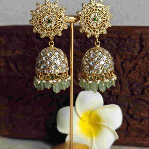 Jadau Monzonite Kundan Jhumkas with Emerald Green Hangings – Regal Bridal Earrings
