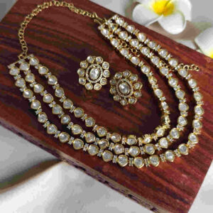 Monzonite 3-Layer Necklace with Studs | Bridal Jewelry Set | Luxury Layered Necklace