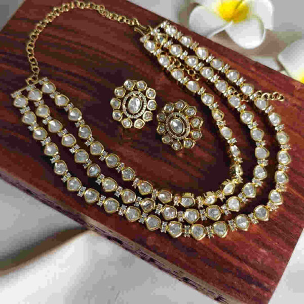 Monzonite 3-Layer Necklace with Studs | Bridal Jewelry Set | Luxury Layered Necklace